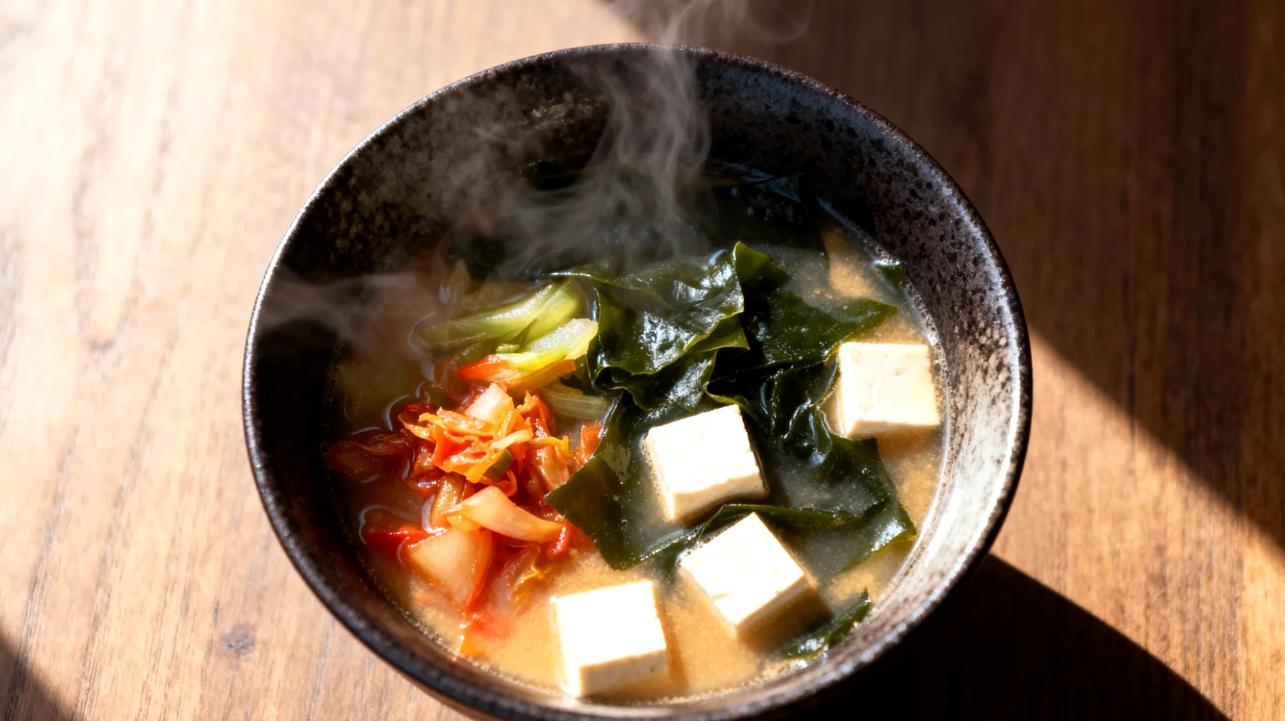 Zuppa di miso con verdure fermentate e alghe wakame"