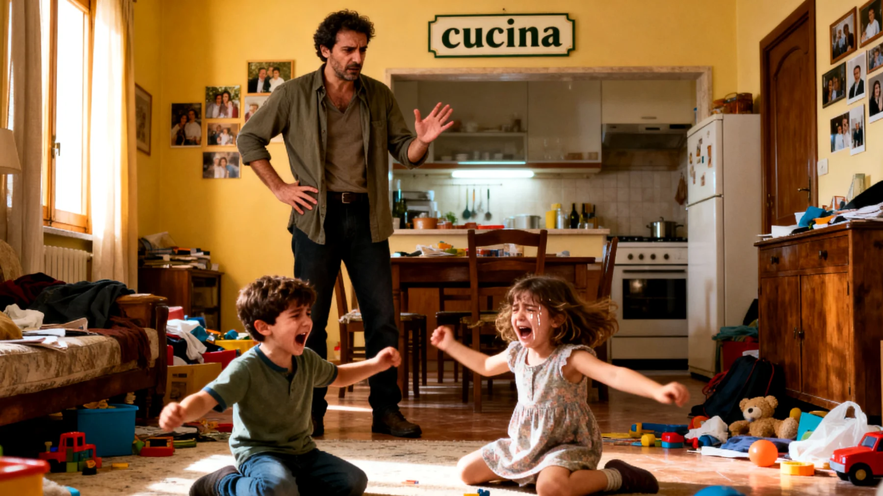 Papà che fatica a far rispettare regole e limiti ai bambini piccoli, oscillando tra permissività e rigidità improvvisa, con conseguenti capricci e confusione nei figli"