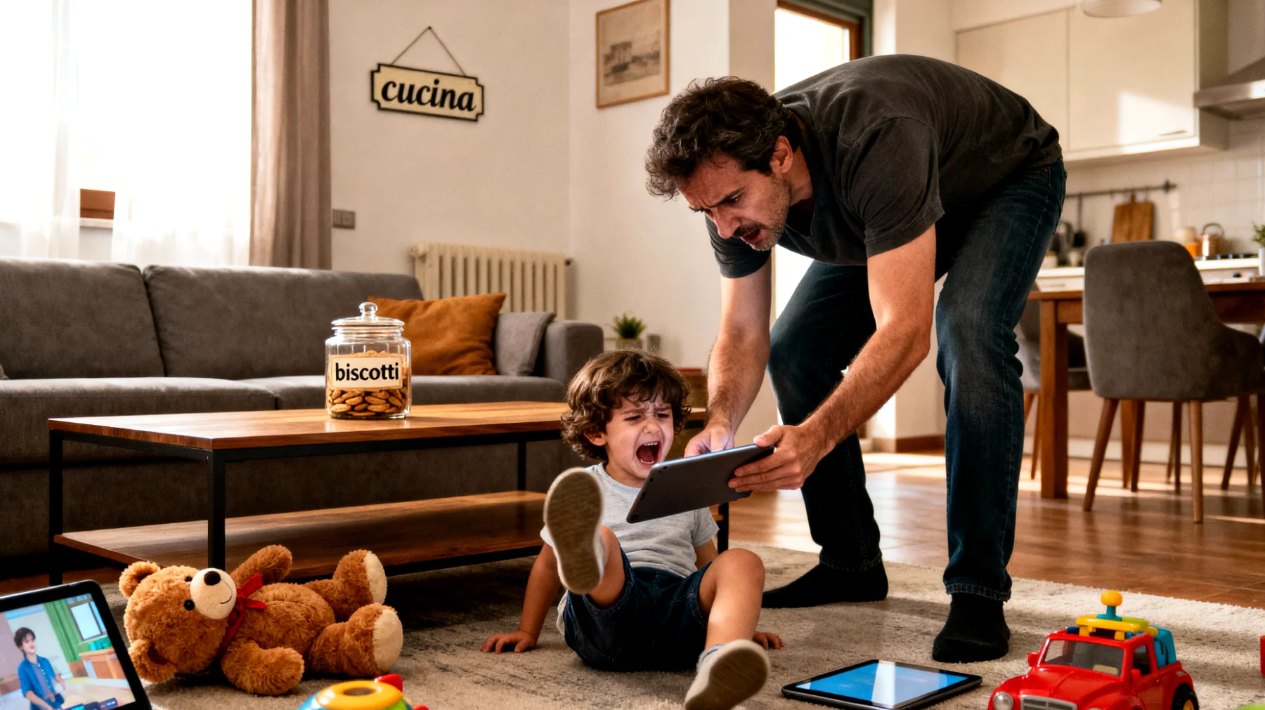 Papà che fatica a gestire l'uso eccessivo di smartphone, tablet e videogiochi da parte dei bambini, con conseguenti conflitti quotidiani, capricci e difficoltà a stabilire regole efficaci sull'uso della tecnologia"